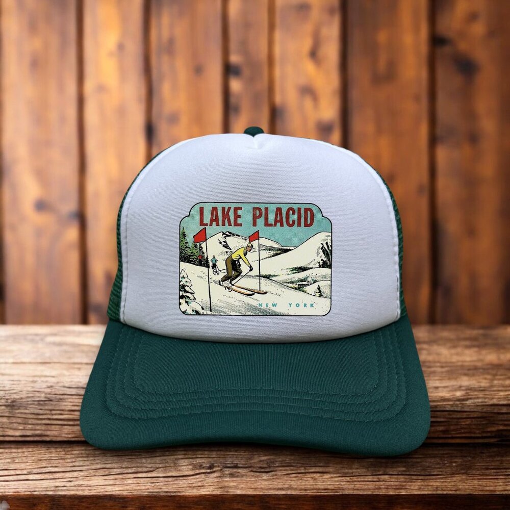 Vintage Lake Placid New York Mens Trucker Hat Green Snapback Skiing Baseball Cap